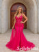Stunning Hot Pink Sequin Spaghetti Straps Open Back Mermaid Gown with High Slit , PD1326