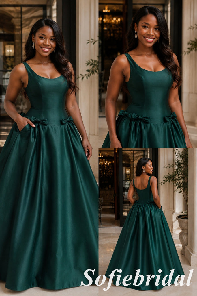Elegant Dark Green Satin Scoop Neck Ball Gown With Bows And Pockets, PD1328