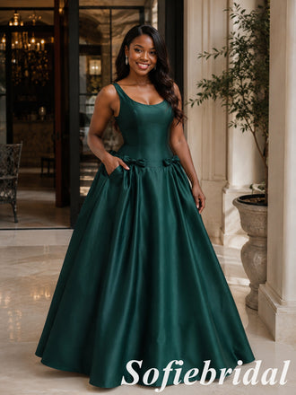 Elegant Dark Green Satin Scoop Neck Ball Gown With Bows And Pockets, PD1328