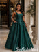Elegant Dark Green Satin Scoop Neck Ball Gown With Bows And Pockets, PD1328
