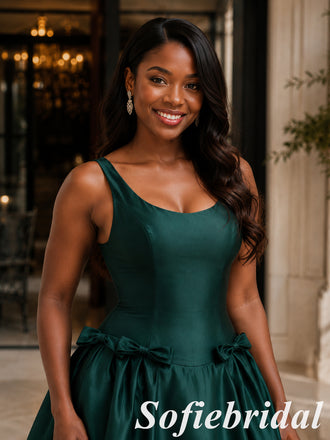 Elegant Dark Green Satin Scoop Neck Ball Gown With Bows And Pockets, PD1328