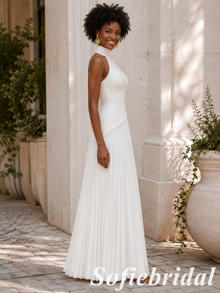 Chic White Halter Pleated Long Formal Evening Dress, PD1331