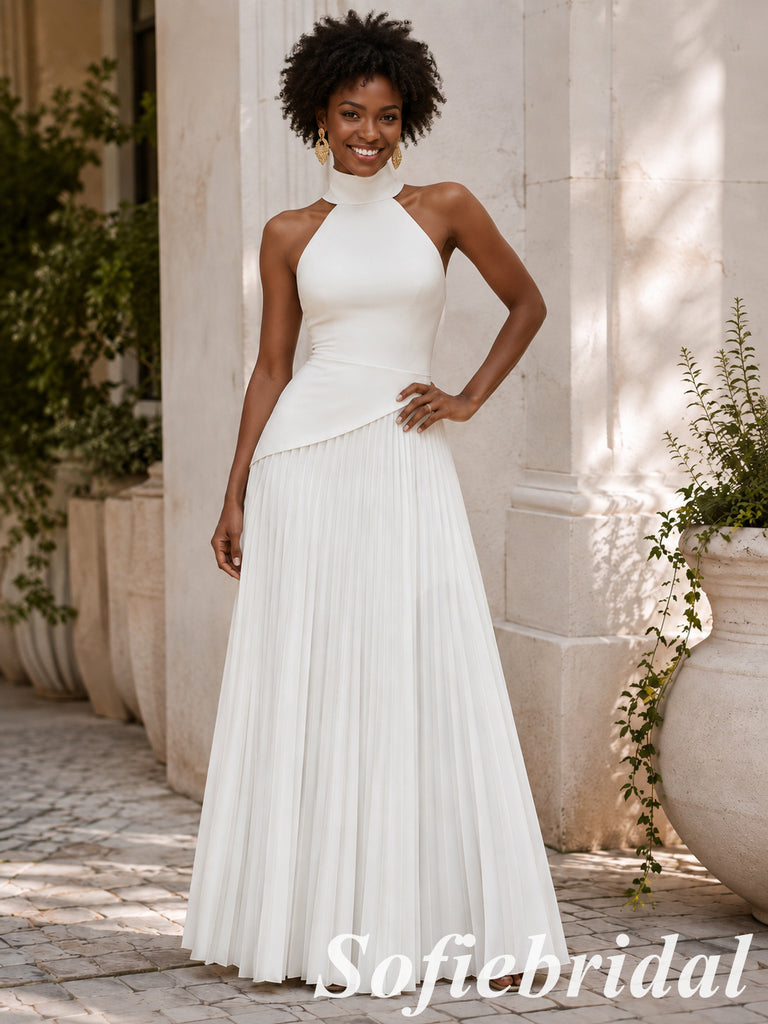 Chic White Halter Pleated Long Formal Evening Dress, PD1331