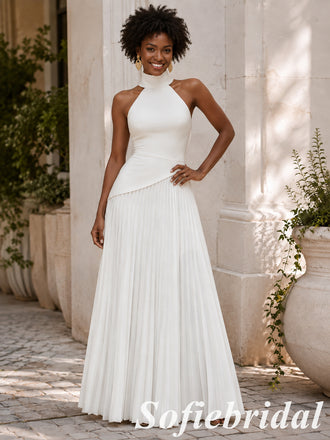 Chic White Halter Pleated Long Formal Evening Dress, PD1331