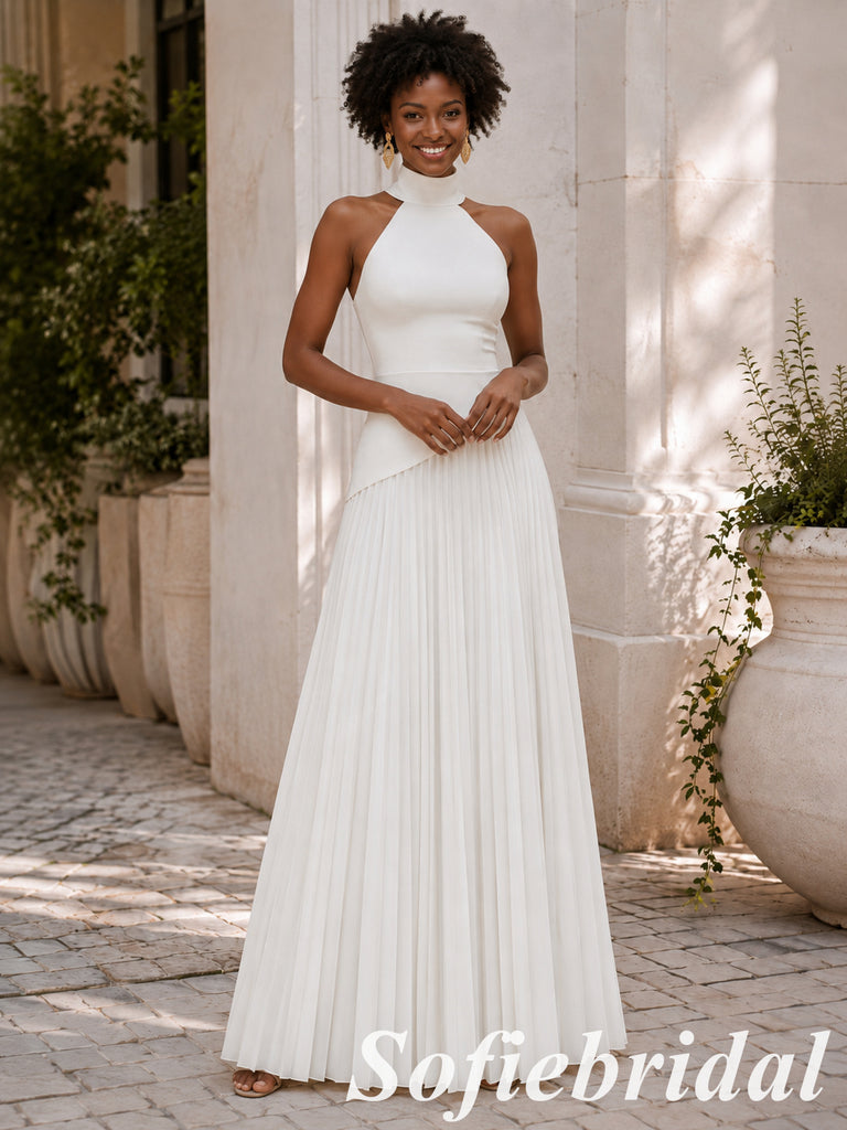 Chic White Halter Pleated Long Formal Evening Dress, PD1331