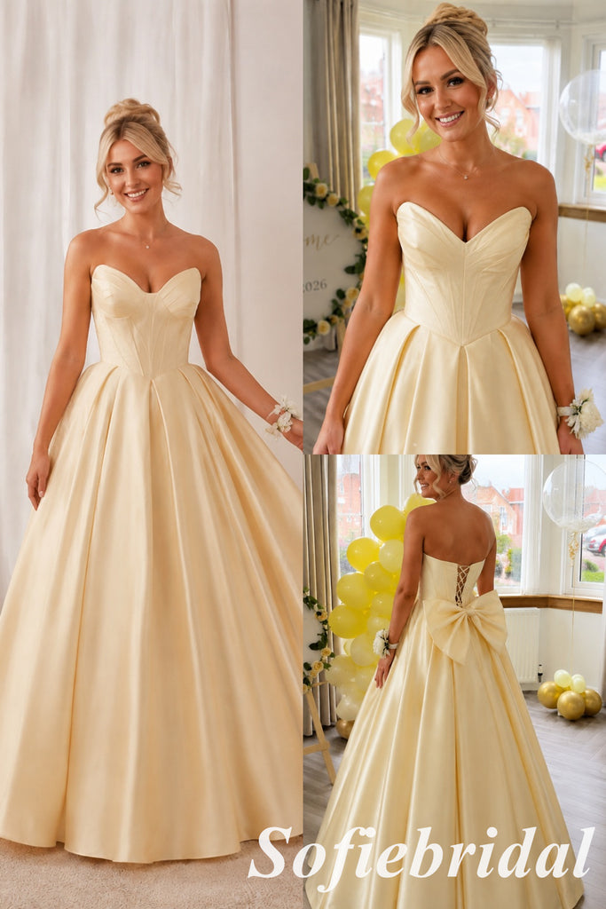 Romantic Pale Yellow Satin Strapless Ball Gown With Back Bow, PD1329