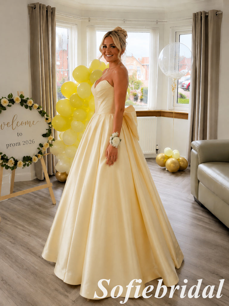 Romantic Pale Yellow Satin Strapless Ball Gown With Back Bow, PD1329