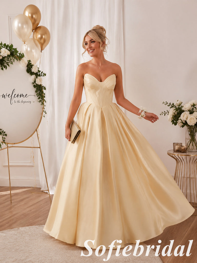 Romantic Pale Yellow Satin Strapless Ball Gown With Back Bow, PD1329