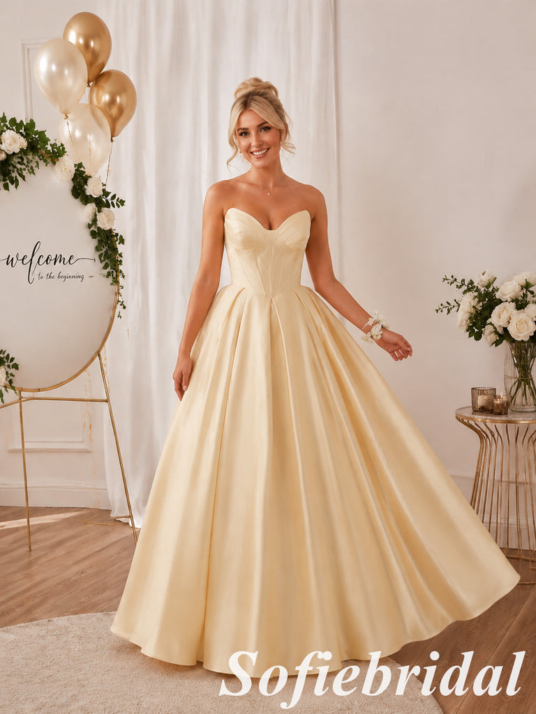 Romantic Pale Yellow Satin Strapless Ball Gown With Back Bow, PD1329