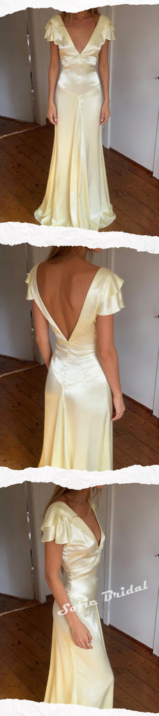 Shiny Soft Satin Flutter Sleeves V-Neck A-Line Maxi Prom Dress, PD01173