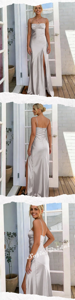 Sexy Soft Satin Spaghetti Straps Sleeveless Side Slit Mermaid Maxi Prom Dress, PD01175