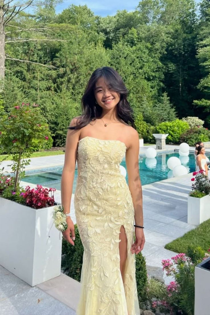 Sexy Yellow Tulle Lace Sweetheart Sleeveless Side Slit Mermaid Maxi Prom Dress/Graduation Dresses, PD01185