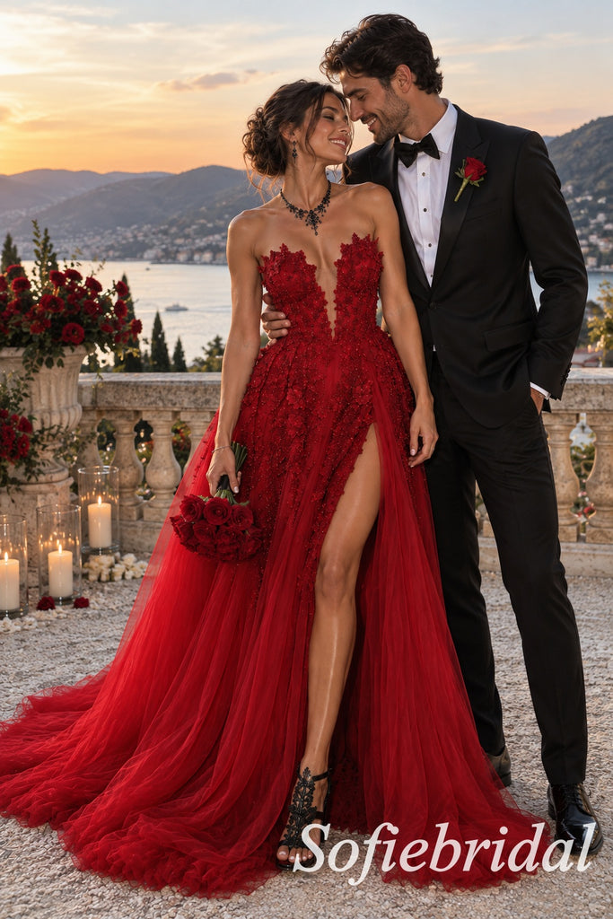 Elegant Red Tulle Strapless Boned Corset Ball Gown With Voluminous Pleated Dress,PD1338