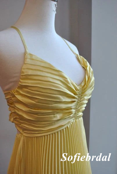 Elegant Yellow Spaghetti Straps V-Neck A-Line Long Prom Dress, PD01017