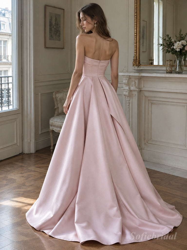 Blush Pink Satin Strapless Wrap Bodice A-Line Gown With Tulle Polka Dot Underlayer, PD13867