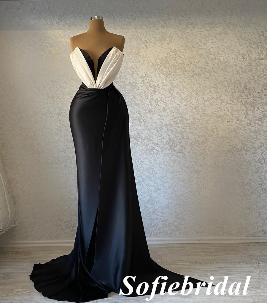 Sexy Soft Satin Sweetheart V-Neck Sleeveless Side-Slit Mermaid Long Prom Dresses, PD0957