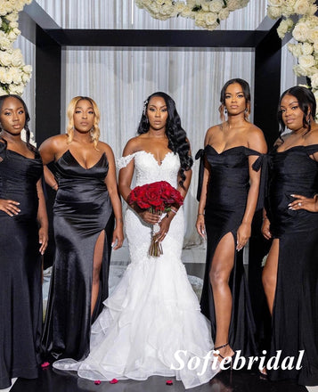 Mismatched Black Soft Satin Side Slit Mermaid Floor Length Bridesmaid Dresses, SFWG00569