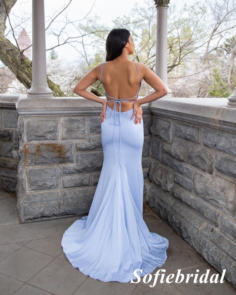Sexy Satin Spaghetti Straps V-Neck Open Back Mermaid Long Prom Dresses With Appliques, PD0919
