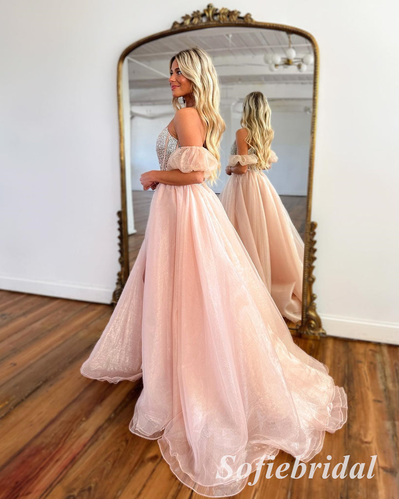 Sexy Tulle And Lace Off Shoulder Sleeveless Side Slit A-Line Long Prom –  SofieBridal