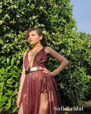 Sexy Special fabric Spaghetti Straps Deep V-Neck Sleeveless Long Prom Dresses With Split, PD0898