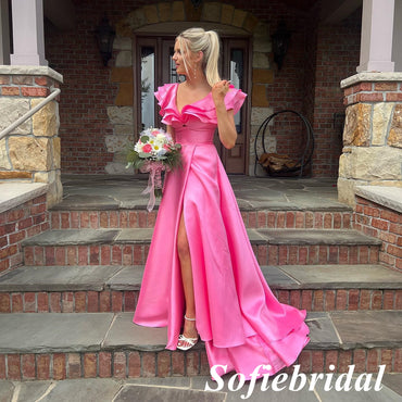 Sexy Satin Spaghetti Straps V-Neck Sleeveless Side Slit A-Line Long Prom Dresses, PD0923