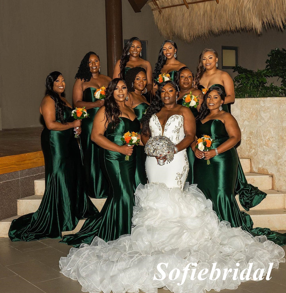 Sexy Dark-Green Soft Satin Sweetheart V-Neck Mermaid Floor Length Bridesmaid Dresses, SFWG00572