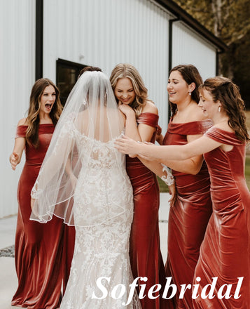 Sexy Velvet Off Shoulder Mermaid Floor Length Bridesmaid Dresses, SFWG00573