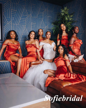 Sexy Soft Satin Off Shoulder Sleeveless Side Slit Mermaid Floor Length Bridesmaid Dresses, SFWG00510