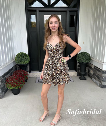 Sexy Leopard Print Spaghetti Straps V-Neck A-Line Mini Dresses/ Homecoming Dresses, HD0270