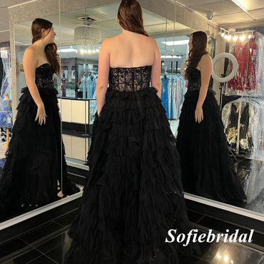 Sexy Black Sweetheart Side Slit A-Line Long Prom Dresses, PD0951