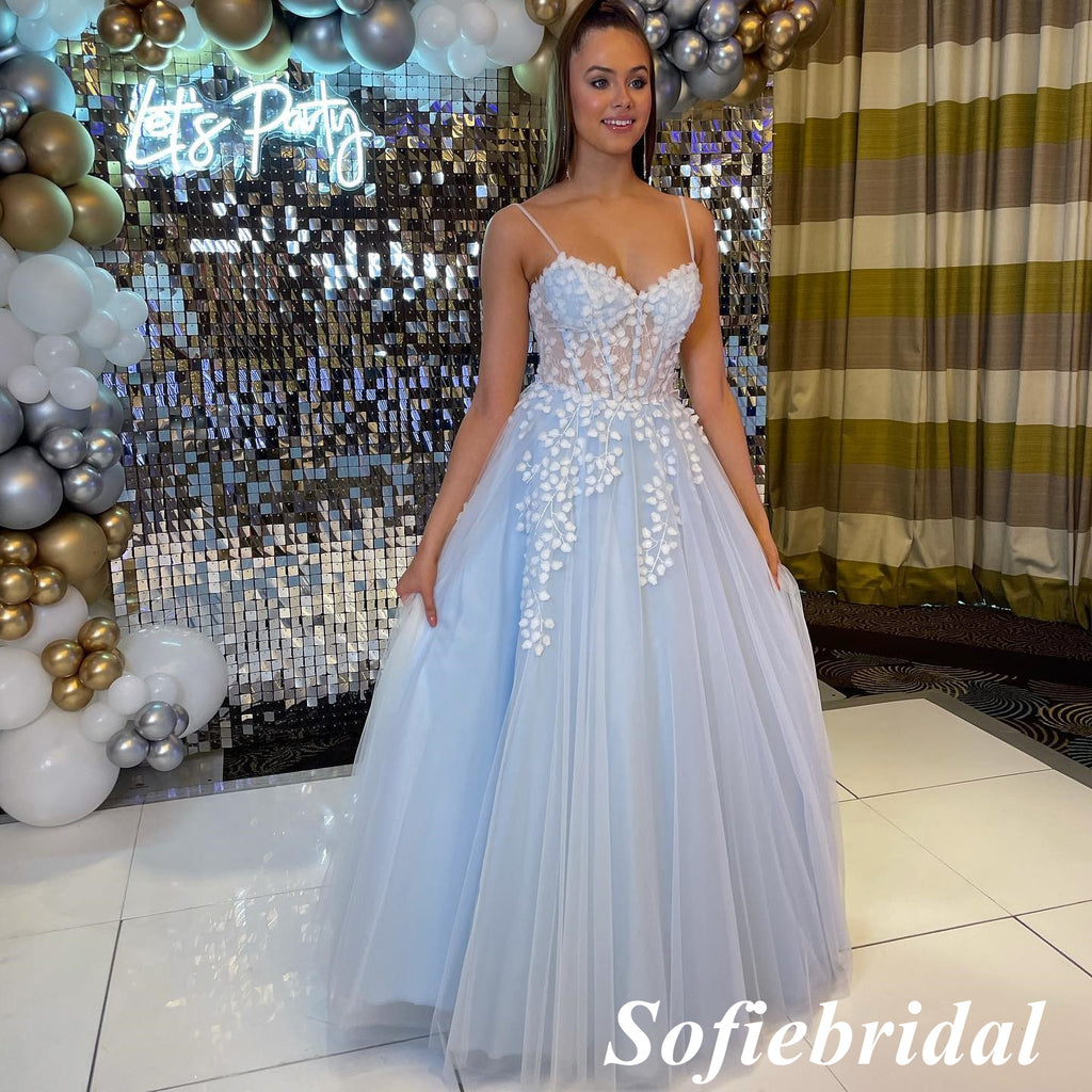Elegant Tulle Spaghetti Straps V-Neck A-Line Long Prom Dresses With Appliques, PD0917
