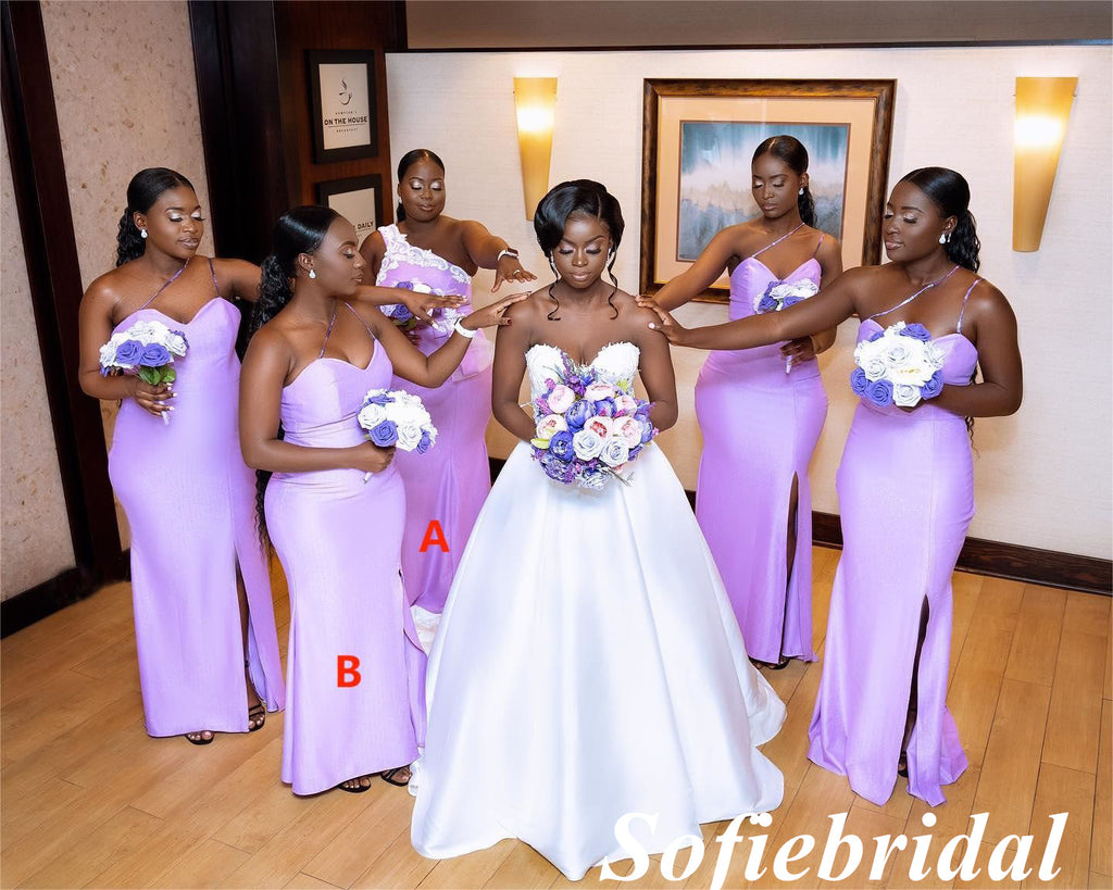 Mismatched Soft Satin One Shoulder Side Slit Mermaid Floor Length Bridesmaid Dresses, SFWG00558