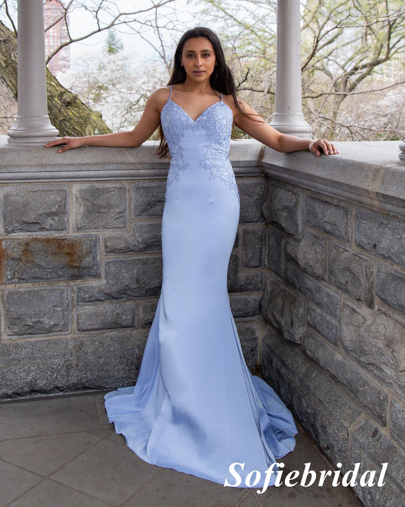 Sexy Satin Spaghetti Straps V-Neck Open Back Mermaid Long Prom Dresses With Appliques, PD0919
