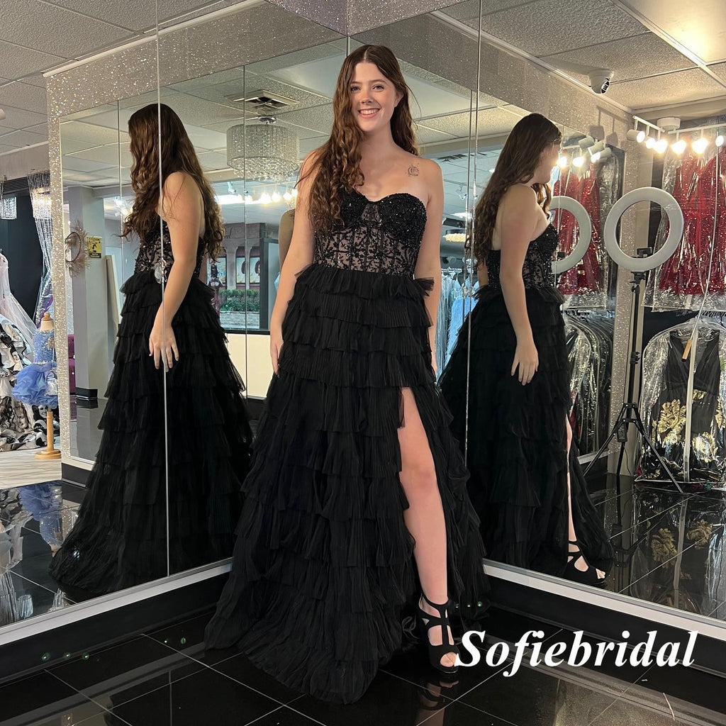 Sexy Black Sweetheart Side Slit A-Line Long Prom Dresses, PD0951