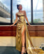 Sexy Gold Elastic Satin One Shoulder Side Slit Mermaid Long Prom Dresses, PD0952