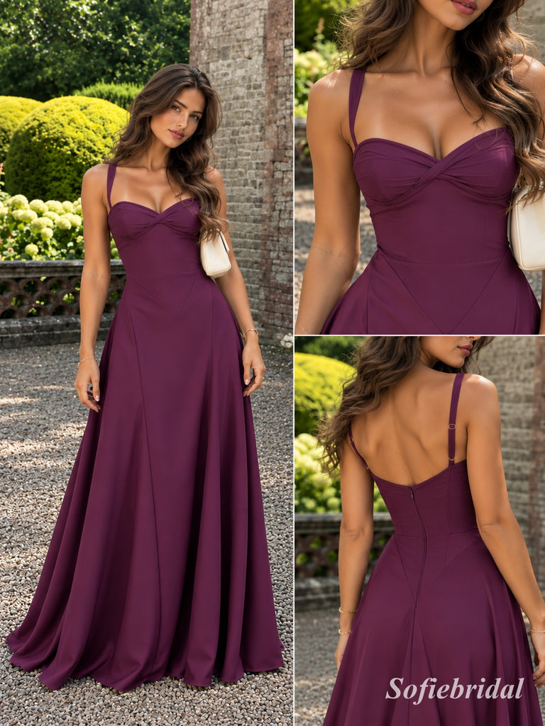 Plum Chiffon Wide Strap Sweetheart A-Line Gown With Twisted Ruched Bodice & Flowy Full Skirt, PD13882