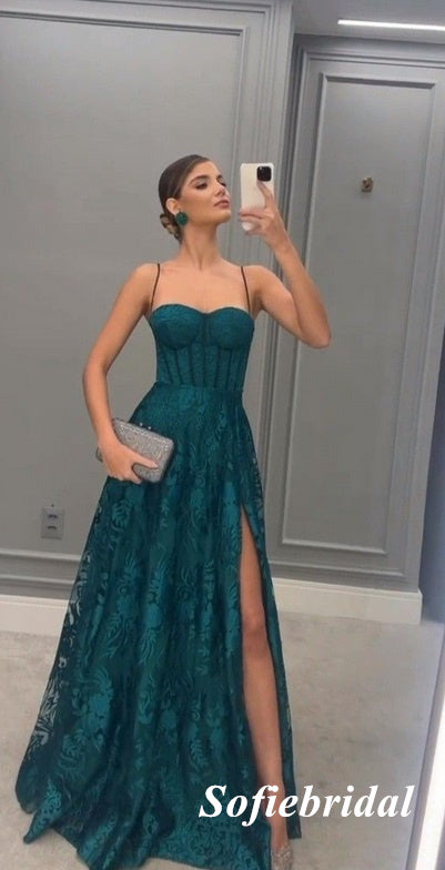 Sexy Tulle And Lace Sleeveless Side-Slit A-Line Long Prom Dresses, PD0959
