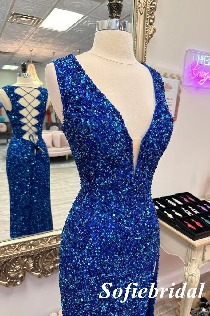 Sexy Sequin Spaghetti Straps V-Neck Lace Up Back Side Slit Mermaid Long Prom Dresses, PD0974