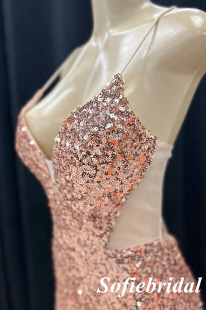 Sexy Sequin Spaghetti Straps V-Neck Lace Up Back Side Slit Mermaid Long Prom Dresses, PD0975