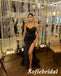 Sexy Black Soft Satin Spaghetti Straps Mermaid Bridesmaid Dress with High Slit, SFWG00620