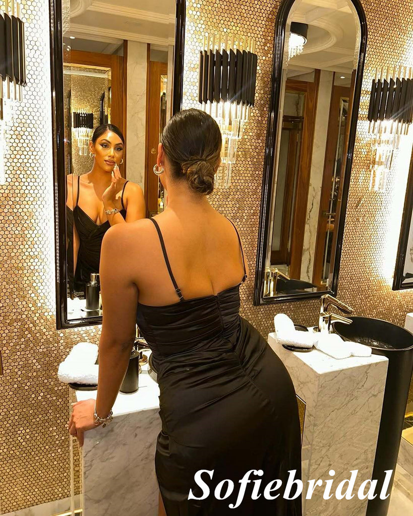 Sexy Black Soft Satin Spaghetti Straps Mermaid Bridesmaid Dress with High Slit, SFWG00620