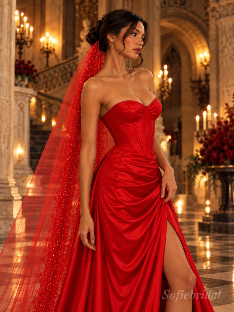 Red Luxe Satin Strapless Sweetheart Neck Prom Gown, Structured Boned Corset Bodice, Draped Mermaid Skirt With High Slit, Matching Beaded Tulle Long Cape,PD13861