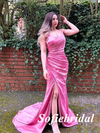 Sexy Soft Satin Spaghetti Straps V-Neck Sleeveless Side Slit Mermaid Floor Length Bridesmaid Dresses, SFWG00604 Sexy Soft Satin Spaghetti Straps V-Neck Sleeveless Side Slit Mermaid Floor Length Bridesmaid Dresses, SFWG00604