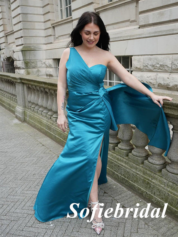 Sexy Soft Satin One Shoulder Sleeveless Side Slit Mermaid Floor Length Bridesmaid Dresses, SFWG00602