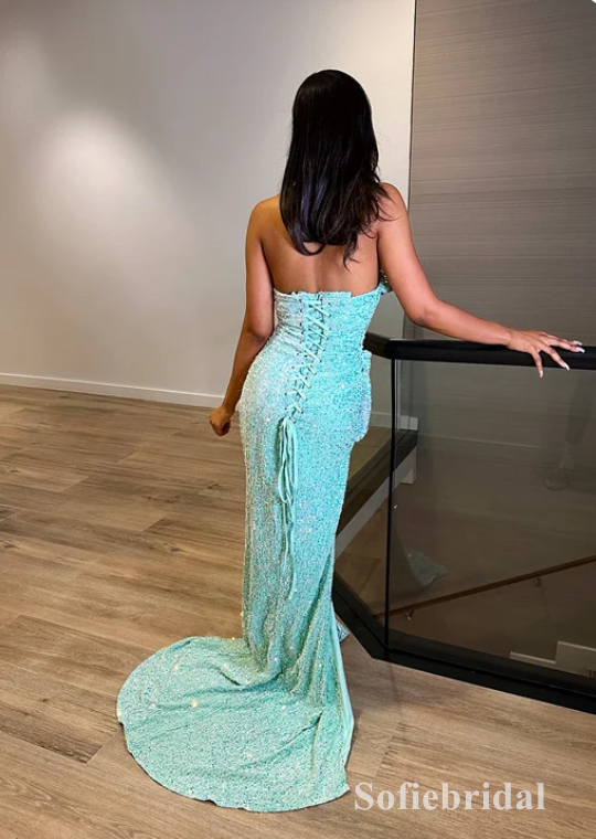 Sexy Sequin Sweetheart V-Neck Sleeveless Side Slit Mermaid Long Prom Dresses, PD0889