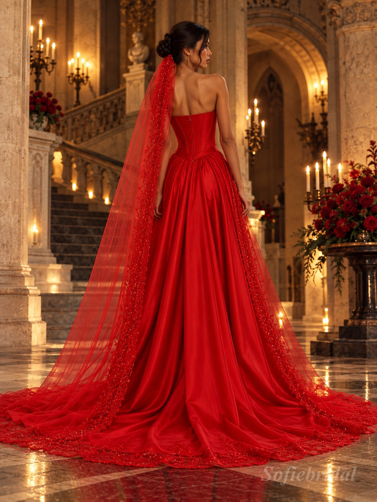 Red Luxe Satin Strapless Sweetheart Neck Prom Gown, Structured Boned Corset Bodice, Draped Mermaid Skirt With High Slit, Matching Beaded Tulle Long Cape,PD13861
