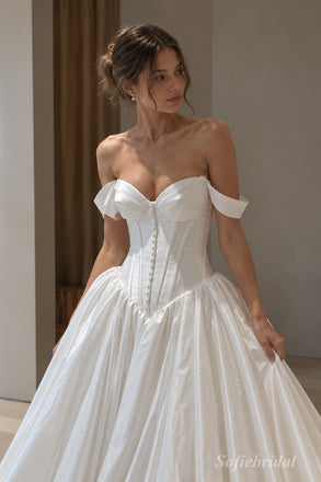 White Mikado Satin Off The Shoulder Sweetheart Corset Ball Gown Floor Length Wedding Dress, SFWD0103
