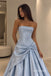 Light Blue Strapless Bow Satin A-Line Dress, Tube Top Floor Length Formal Gown,PD13909
