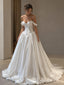White Mikado Satin Off The Shoulder Sweetheart Corset Ball Gown Floor Length Wedding Dress, SFWD0103
