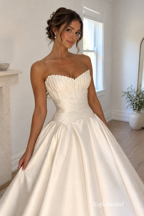 Ivory Satin Strapless Sweetheart Pleated & Draped Waist Structured Bodice Ball Gown Floor Length Wedding Dress, SFWD0105